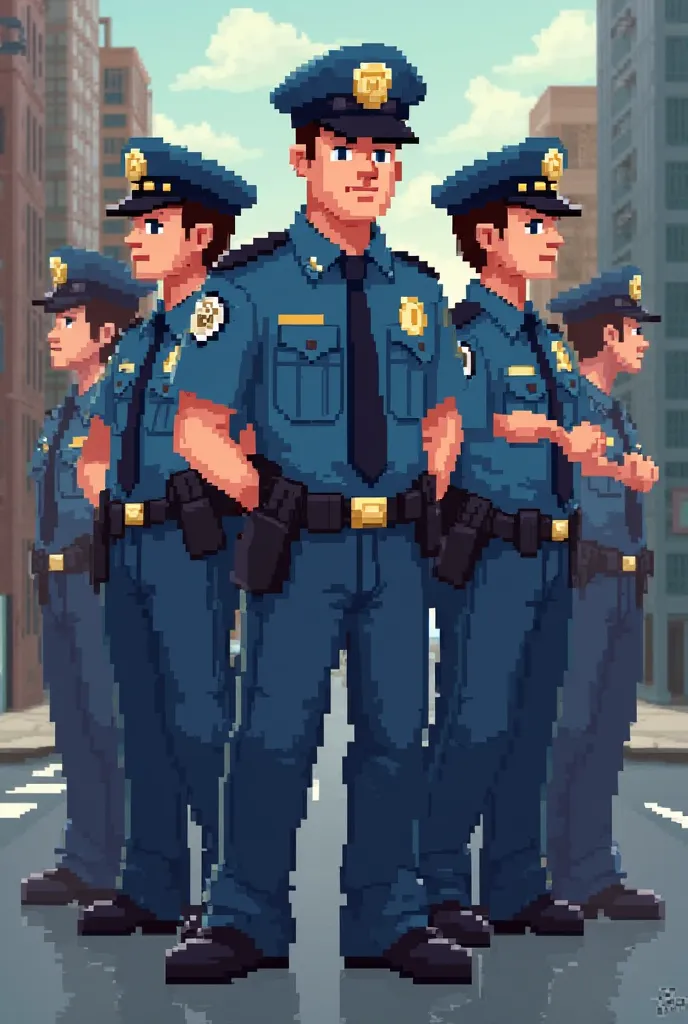 Generate the image where there are several characters that are police officers, Let them look 8 bit style, Like the games from before, Make them look very 8bit, And in the image put several, as there are several that are small in size, 