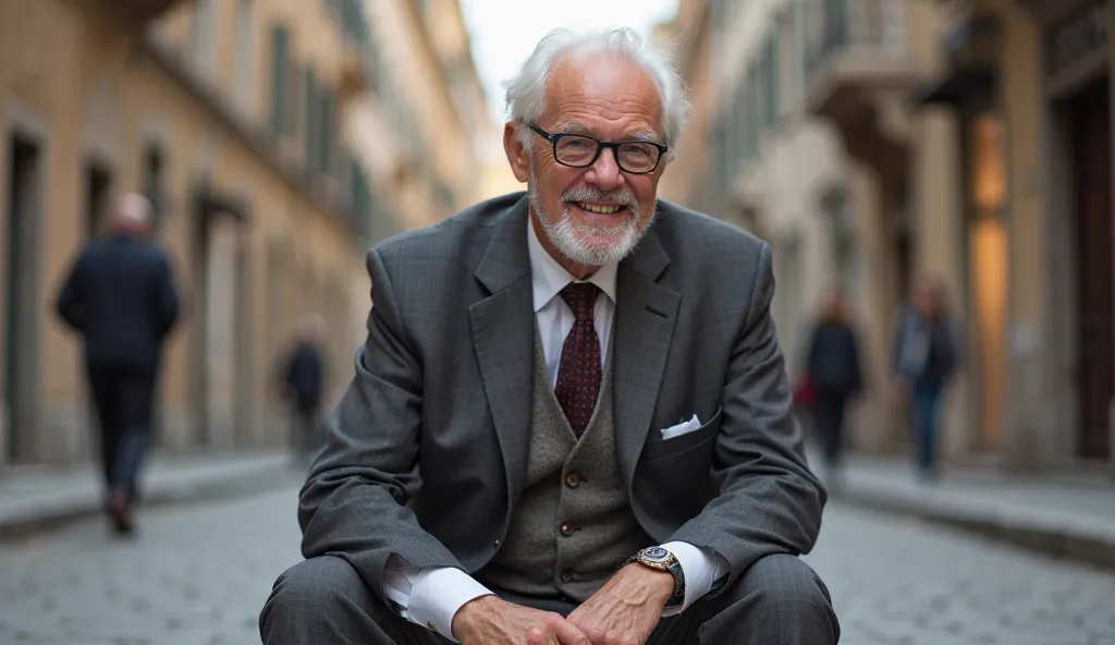 An elderly professor with white hair and glasses is sitting on a street, smiling warmly as he responds to a question. He is dressed in a formal suit and tie, with a wise and kind expression. His posture is relaxed yet thoughtful, as if sharing an important...