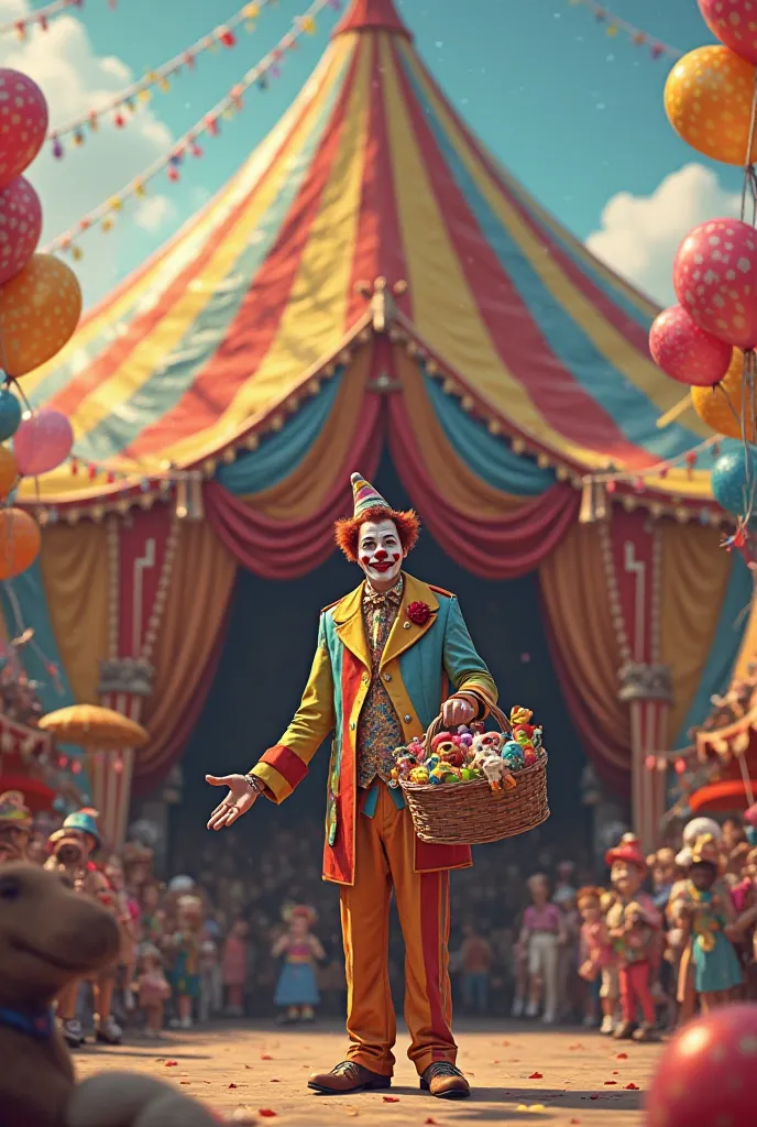 People entering the circus tent are greeted by the director of the circus selling toys and baloons (which is clown. He is greeting people with the words "memento mori".