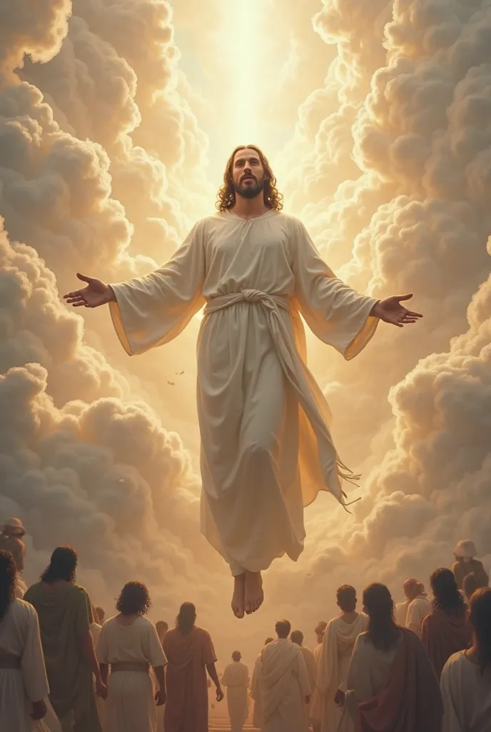 Jesus Christ on the clouds wearing white garment with people on his feet. Realistic.