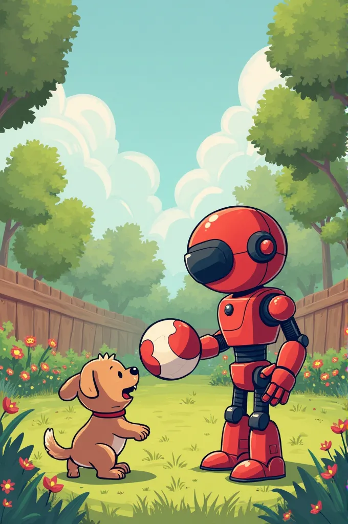  Create an 8-vignette comic about a story about a puppy and a red robot are in a garden where lots of small cute boys and girls are playing . The brown tiny puppy takes the ball in  it's mouth and returns it to the small boys and girls. 