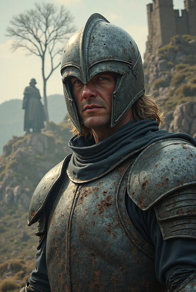 Faramir from Lord of the Rings wearing Judge Dredd's helmet, Gondor white tree and Helms Deep in background 