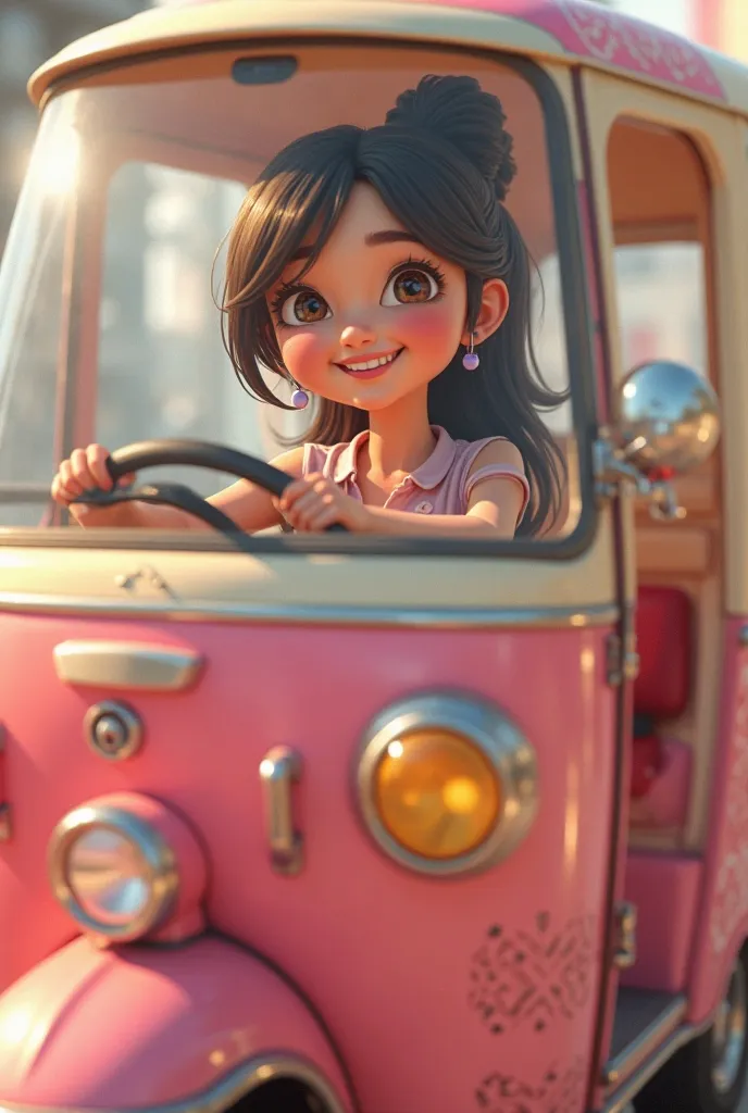 Cute girl driving NHR cargo vehicle, rosa