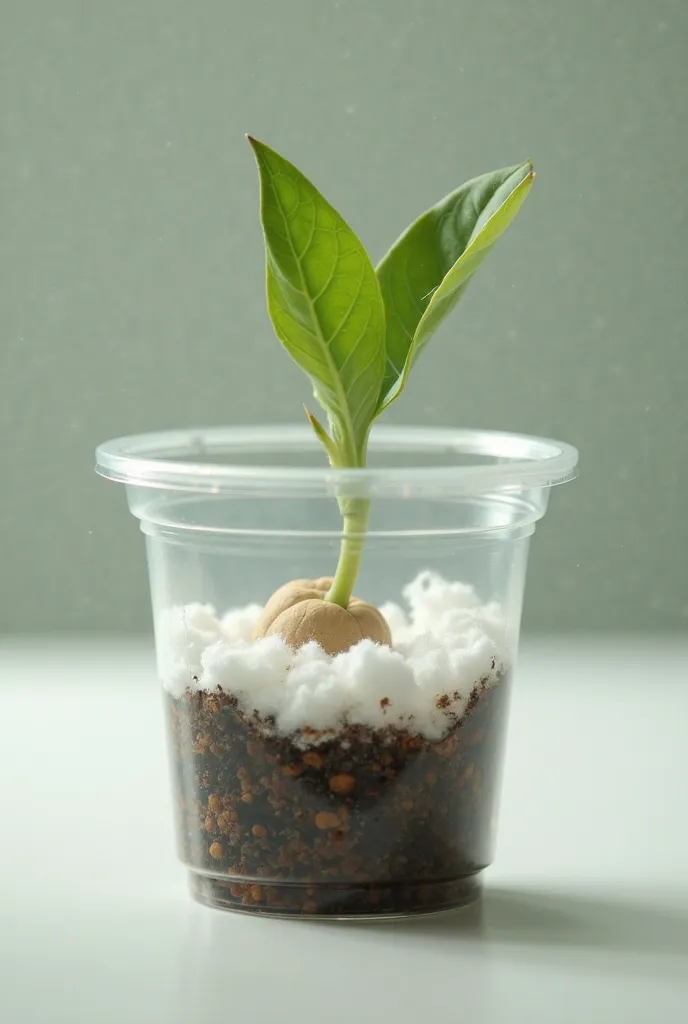 I generate a photo of a plastic cup with wet cotton and a bean seed germinating from day 1 to day 5