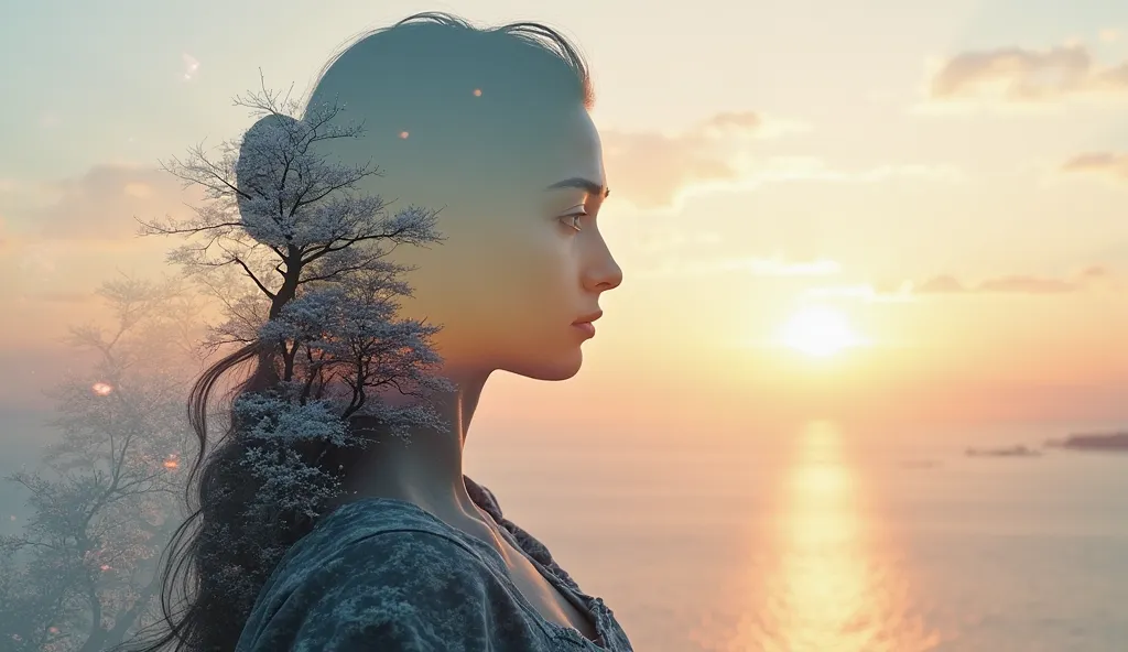 high quality, 8K Ultra HD, A beautiful double exposure that combines an goddess silhouette with sunset coast, sunset coast should serve as the underlying backdrop, with its details incorporated into the goddess , crisp lines, The background is monochrome, ...