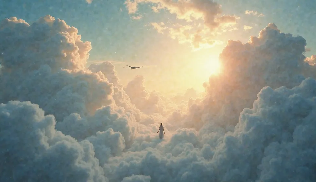 "A heavenly scene illuminated by soft and bright lights, with divine clouds scattered across the sky, creating a sense of peace and serenity. In the background, silhouettes of heavenly beings floating in the clouds, transmitting a deep and mystical spiritu...