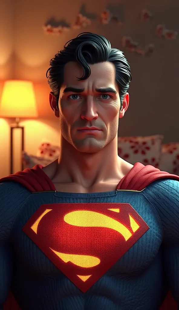 A highly detailed 3d-style scene of Superman with a sad but sincere expression on his face. The lighting is strong and vibrant, casting bright, warm tones that highlight the contours of his face and the detailed texture of his suit. His eyes are slightly d...