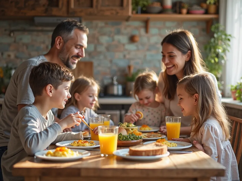 "A family gathered in their kitchen enjoying a breakfast with fresh eggs.  The scene is warm and cozy ,  with natural light coming through the window . at the table, there are plates with scrambled eggs, toast and juice. Parents and ren smile as they share...