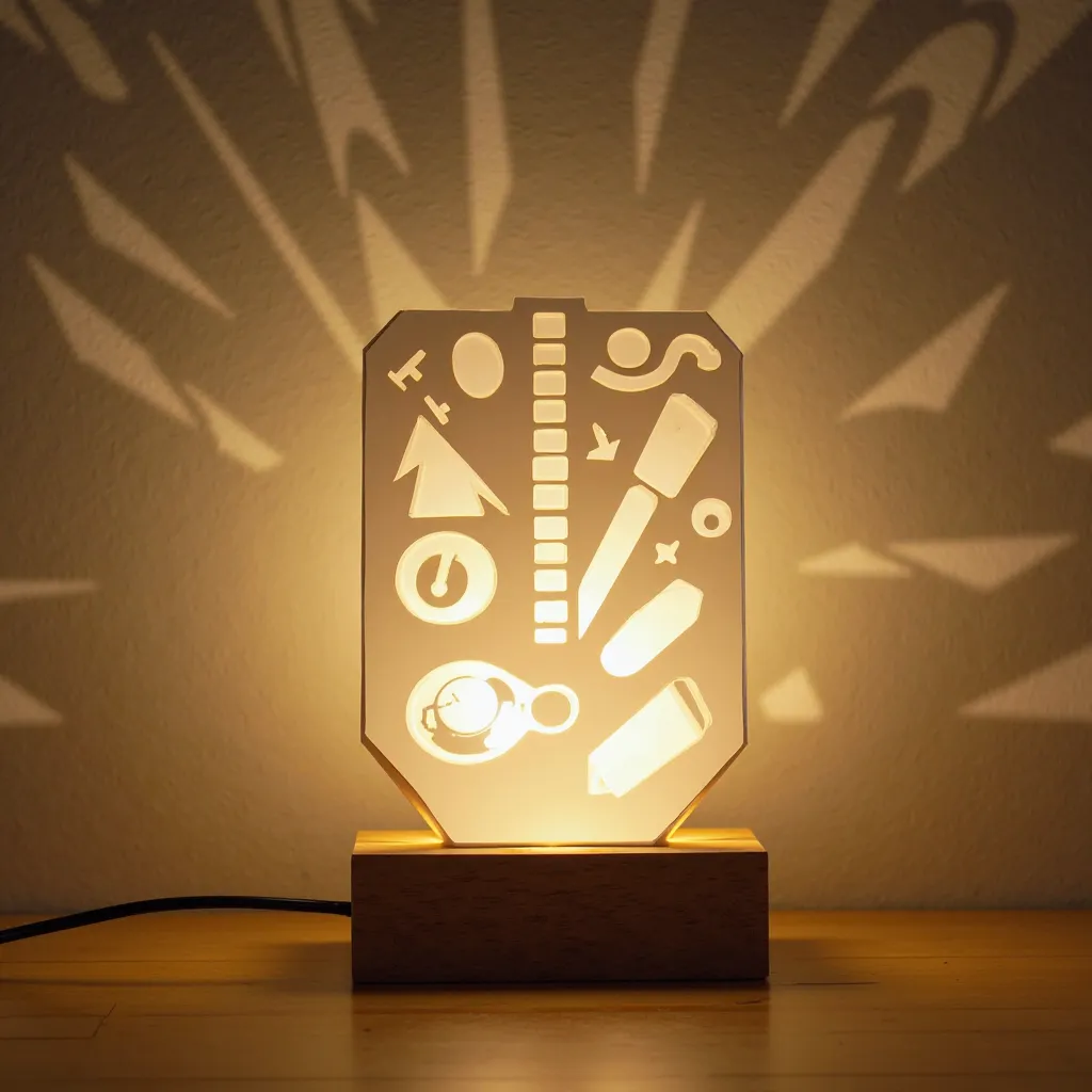 . Lámpara creativa con iconos de diseño
📌 Materiales: Recycled plastic, Reused LEDs, reclaimed wood base.
🛠  Description : A lamp with cut-out shapes of graphic design tools (pencil, cursor, Typography), that casts shadows on the wall.

