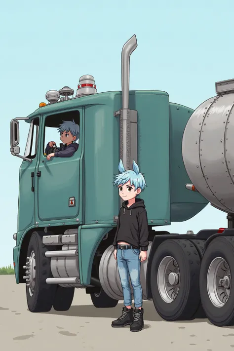 Anime, Cute, short, brown eyes, light blue hair, light blue bunny ears, boy, male, black boots, faded blue jeans with a belt, black crop top hoodie, driving a big 1998 metallic teal with a faded white stripe on the side kenworth w900 with a 36 inch flat to...