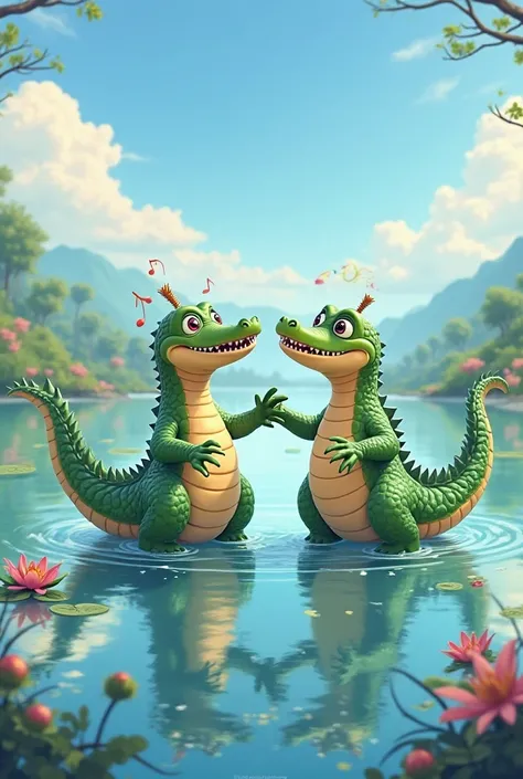 Create an image of two anime crocodiles dancing to a song on the Disney lake, a crocodile and a crocodile dancing and singing music.