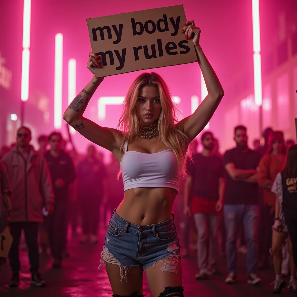 A realistic, high-quality 8k masterpiece of a young blonde woman, 23 years old, with straight golden blonde hair styled messily, amber eyes, and a tanned, busty body with extra-large perfect breasts. She stands confidently in the middle of a protest, but i...