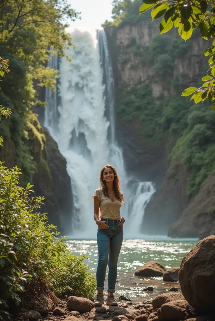 Another photo with the same woman, more in a more common outing outfit, la cachoeira de frente 