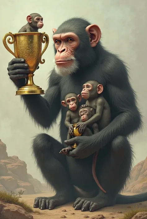 ((RAW Photo), absurd, (absurdresolution)), masterpiece, best quality, trophy monkey holds another smaller monkey who holds another smaller monkey