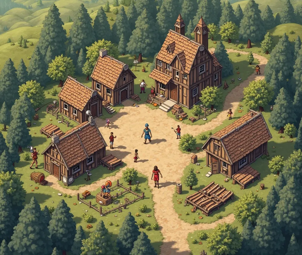 Can you create a diagram or map for the organization of a village in the medieval dynasty? I want to build the first house and the place of timber