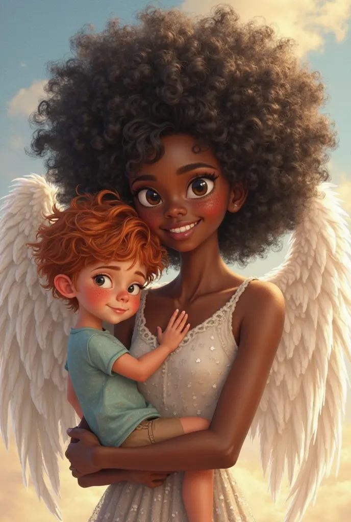 20-year-old black woman with the big wavy hair of the and silver of a,80m with angel wings with white color In her arms a boy of 1,60 with red hair and with freckles on the face

In the form of animation 