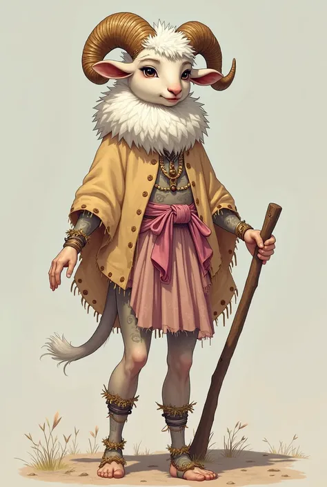 an anthropomorphic sheep, high, Thick coat around the neck and hair that is wool, white, tribal tattoos on the hips and braves, Straw ornaments on the forearm, pink tied fabric skirt, straw poncho that slightly covers the breasts, big breasts, Thighs and t...