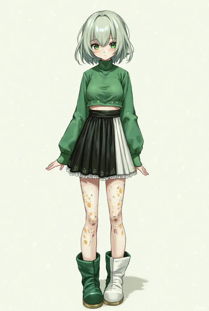 Create short hair with long bangs covering the eyes in 2 colors green and white the clothes a green and black turtleneck short top with long sleeves transparent a black and white skirt on the left side short curly and on the right side long torn and high b...