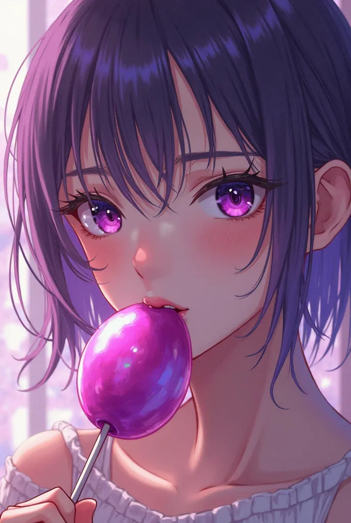 Anime girl  eats chupa chups and looks at the camera with a disinterested look, made in bright purple-pink tones