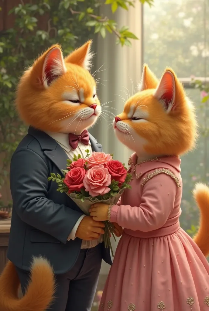 Photo of 2 cats in which a fat golden cat in a suit is holding a bouquet of beautifully wrapped roses given to his girlfriend fat golden cat wearing a pink dress. The surroundings are very romantic.