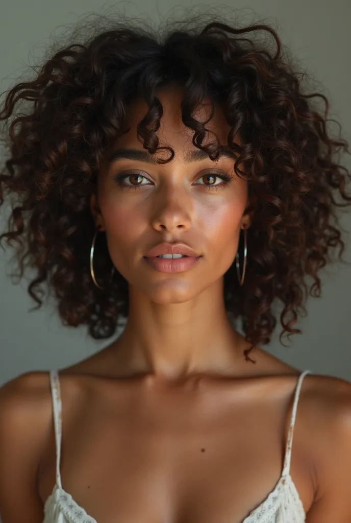 Create image of a woman with curly curly hair,brown-haired, dark brown eyes and Brazilian nationality 