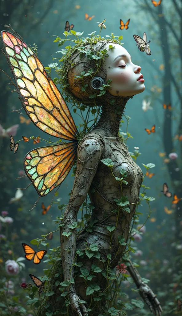  merge ,A puppet fairy figure wrapped in a vine of plants and flowers,　Muimori,　GLOWING CUE FULL BODY, 　Art Nouveau,　fantasy,　cyber ,  a fair-skinned 's face that seems clear even though it's a machine, 　is sleeping,  The body is a machine, Hair is green v...