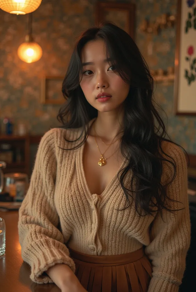 Real photo style、Japanesewoman（30th Generation）、 black hairストレートのlong hair、黒のsimpleなV-neck knit にbeigeのpleated skirt、She is wearing a gold necklace。バーのカウンターで wine glassesを持ち、相手の話をSuspiciousに聞いている。背景はCalm Atmosphereのバー、The walls are decorated with stylish o...