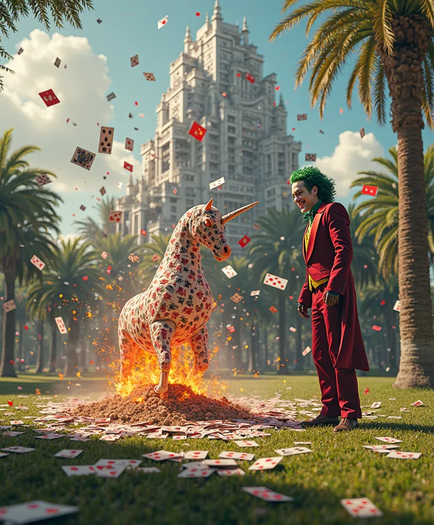 The Joker setting fire to Spider-Man's unicorn in a green and sunny park, exploding with happiness while admiring an ugly 50-meter house made entirely of playing cards. Around him, there are still piles and cards scattered on the floor, some flying through...