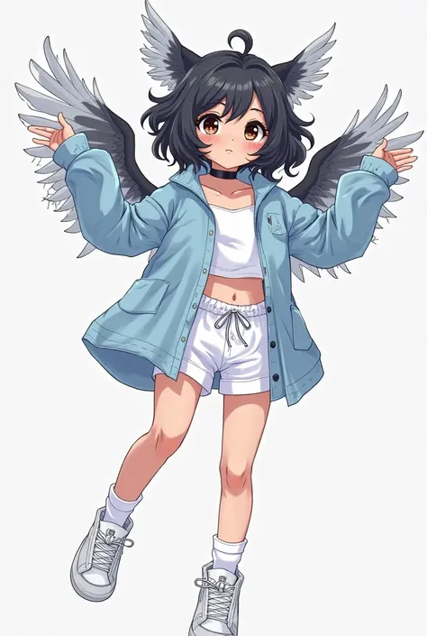 Anime drawing art style, Girl, bird-like wings emerging from the sides of their head Gray-blue colored, some light grayish-blue feathers growing in their cheeks, Skin: light brown skin
Hair:"Black,"+"wavy and voluminous 
Short to medium length"+"The curls ...