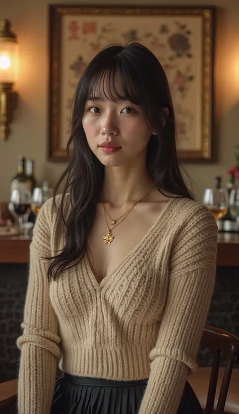 Real photo style、Japanesewoman（30th Generation）、 black hairストレートのlong hair、黒のsimpleなV-neck knit にbeigeのpleated skirt、She is wearing a gold necklace。バーのカウンターで wine glassesを持ち、相手の話をSuspiciousに聞いている。背景はCalm Atmosphereのバー、The walls are decorated with stylish o...