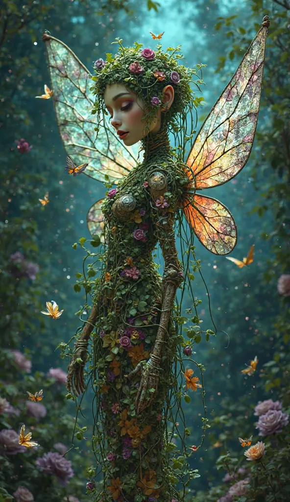  merge ,A puppet fairy figure wrapped in a vine of plants and flowers,　Muimori,　GLOWING CUE FULL BODY, 　Art Nouveau,　fantasy,　cyber ,  a fair-skinned 's face that seems clear even though it's a machine, 　is sleeping,  The body is a machine, Hair is green v...