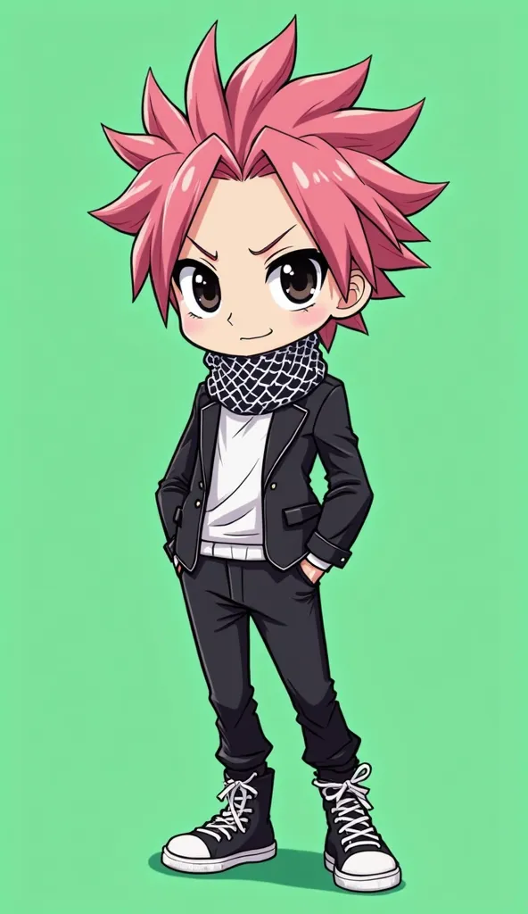 A high quality 2D cartoon chibi style illustration of **Natsu DraNatsu Dragneel from Fairy Tail, standing in a **full body pose, facing forward, with both hands visible.

🟢 Character details:

Spiky pink hair, medium length
Large, expressive, energetic bla...