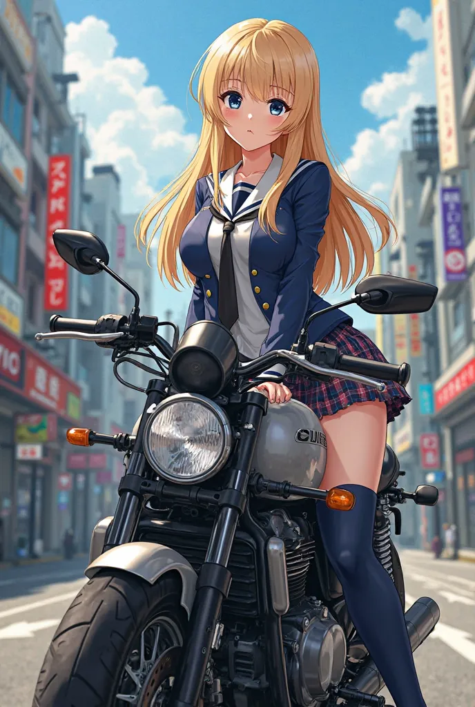 Girl style anime Tokyo Revengers with long blonde hair, medium height black eyes sitting on a motorcycle showing her curves in a school uniform 