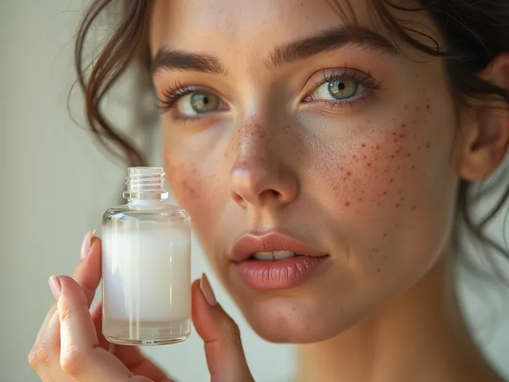 Close-up of a freckled woman holding a frosted glass bottle, highlighting natural beauty and skincare elegance.