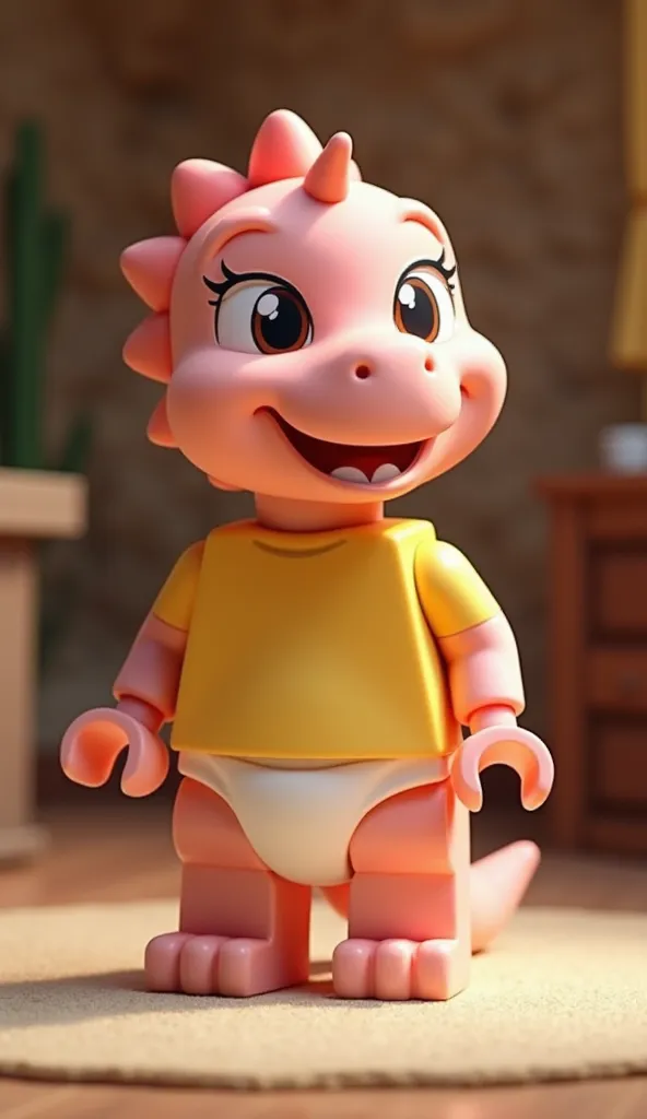 Create a LEGO minifigure of Baby Sinclair, character from the series 'Dinosaur Family'.

Baby Sinclair is a small light pink dinosaur, with large, expressive eyes, rounded belly and fluffy cheeks.  He has a mischievous smile .

He is wearing his classic ye...