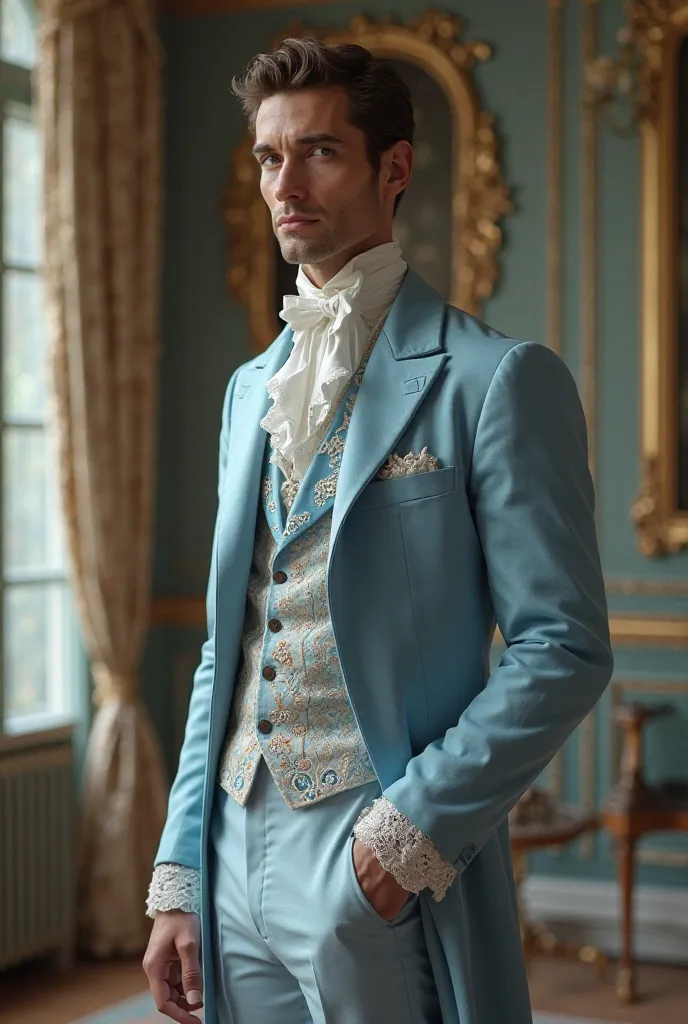 Create a male character dressed in a noble sky blue Victorian outfit