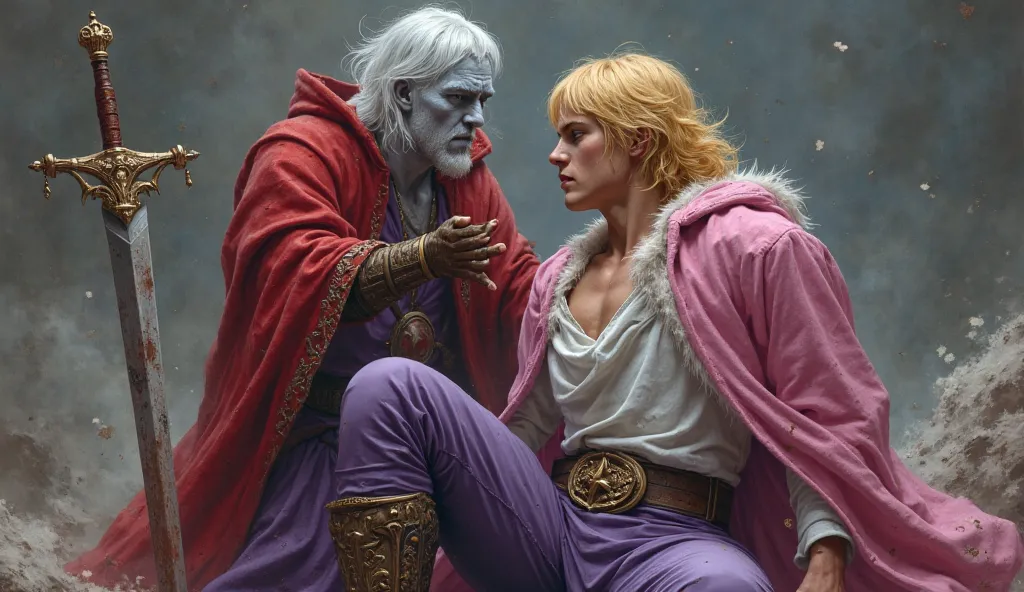 CREATE A REALISTIC CHARACTER LIKE THE ONE IN THE IMAGE, A WIZARD WITH A RED HOODIE WITH BLUISH SKIN ,  HE IS STICKING HIS SWORD THROUGH THE CHEST OF A YOUNG PRINCE, A STRONG, BLOND MAN WITH HAIR THAT GOES UP TO HIS NECK STRAIGHT AND FRINGES. THE COLOR OF T...