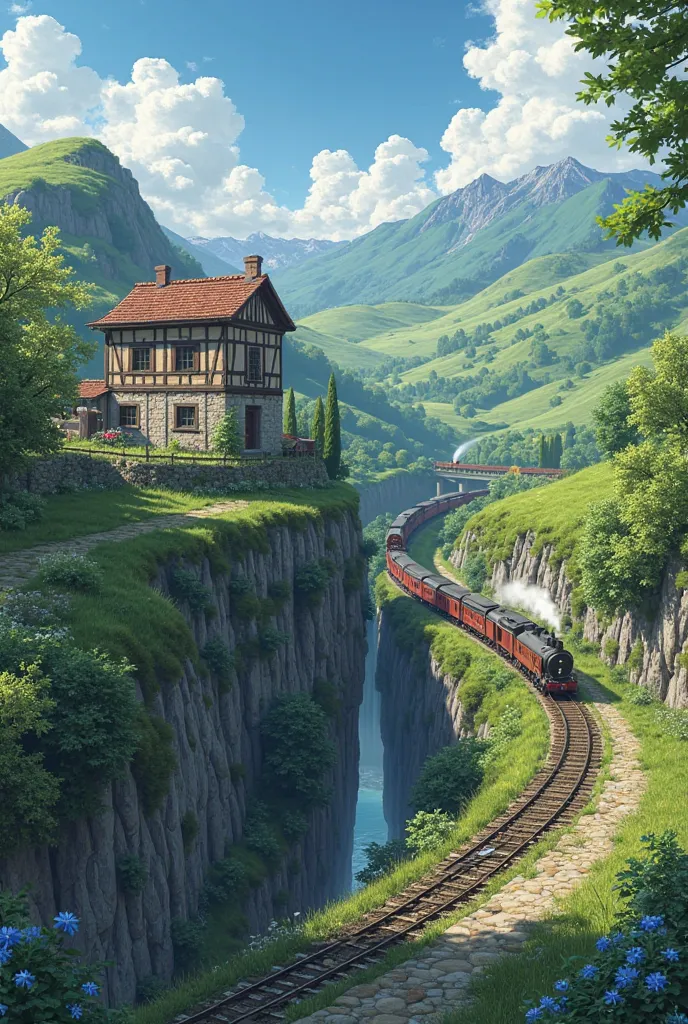 a house beside hill railway, railway is under hill way , train is coming from the underground hole, houses on hill