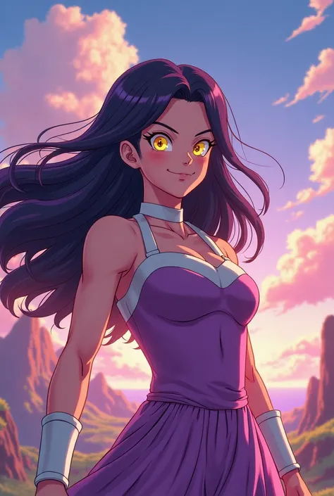 Make me a Dragon Ball Z type scene, where there is a Saiyan girl with dark purple hair, yellow eyes, pretty. Make it with the style of imagen of dragon ball series and 2D. Make her smile and blush