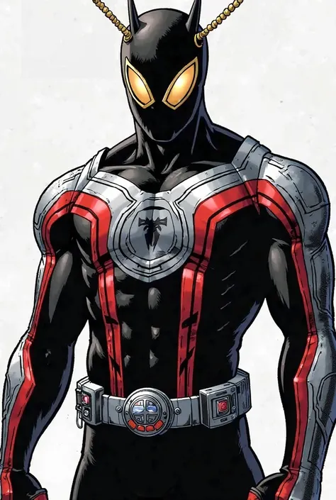 Marvel Comic Panel from Spiderman The costume is mainly black with red and silver details. The upper part of the suit has silver armor with red lines that run along the torso and arms. The character wears a belt with several devices and a central buckle th...