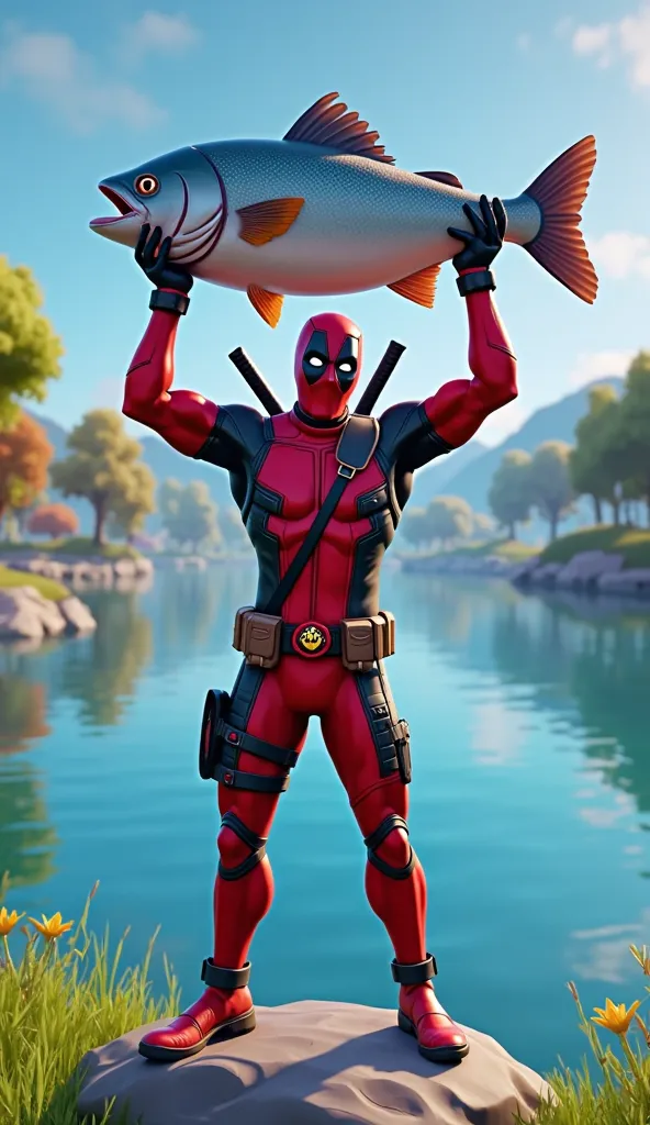 An image in the characteristic visual style of Fortnite,  with a vibrant aesthetic , colorful and slightly cartoonish. The scene features Deadpool in the spotlight, positioned against a background of a tranquil and stylized lake, surrounded by an exuberant...