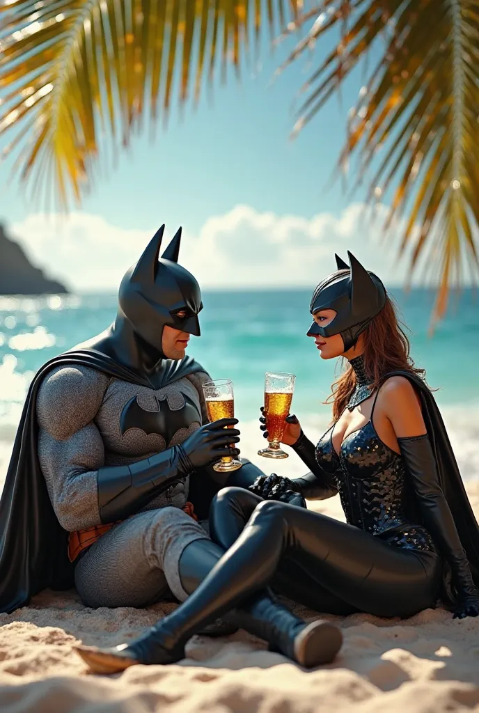 An image of Batman drinking beer with the catwoman on the beach