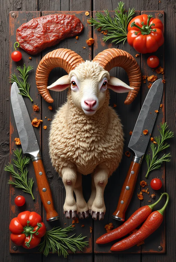 Create a poster for a barbecue with a rustic wooden background and details with cizal strings and an image of a realistic lamb containing barbecue food knives, forks and fire