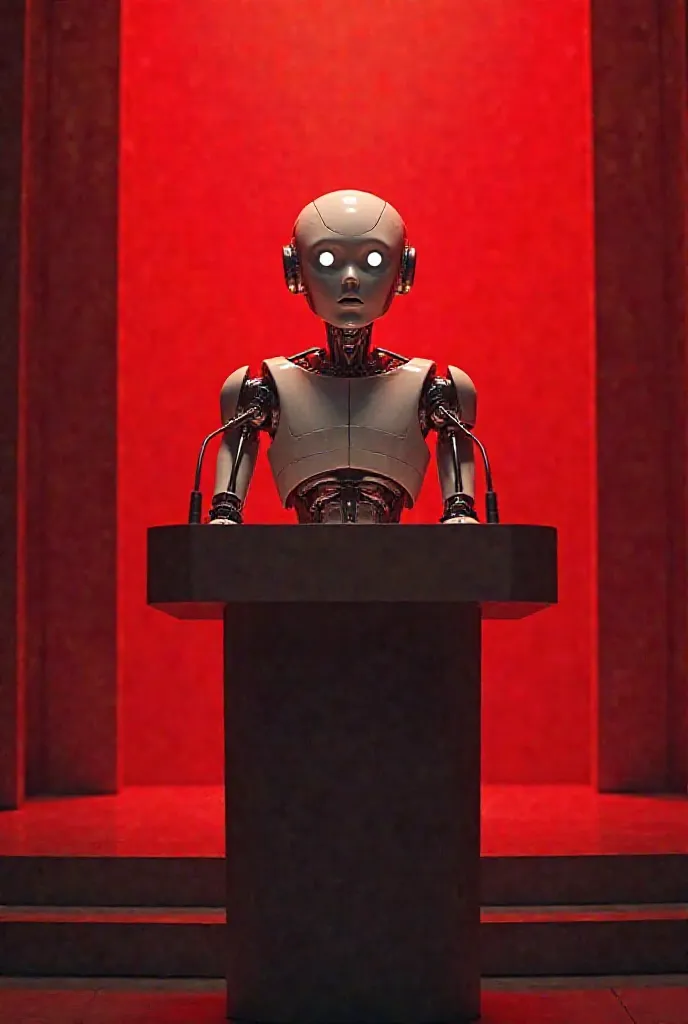 A hyperrealistic portrait of a robot with human expression, giving a political speech on a stage illuminated with red lights.