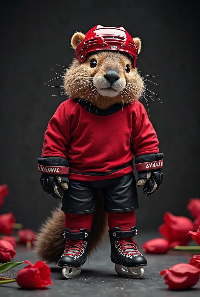  Size : for an instagram post.  dark background, colors: red and black, high-quality photo. In the center is a beaver hockey player in uniform, on which there are no inscriptions (helmet, leggings, skates), red tulips, as he congratulates all women on Marc...