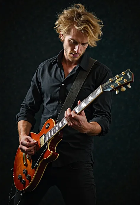 Beautiful blond man playing guitar gibson les paul, wearing clothes black