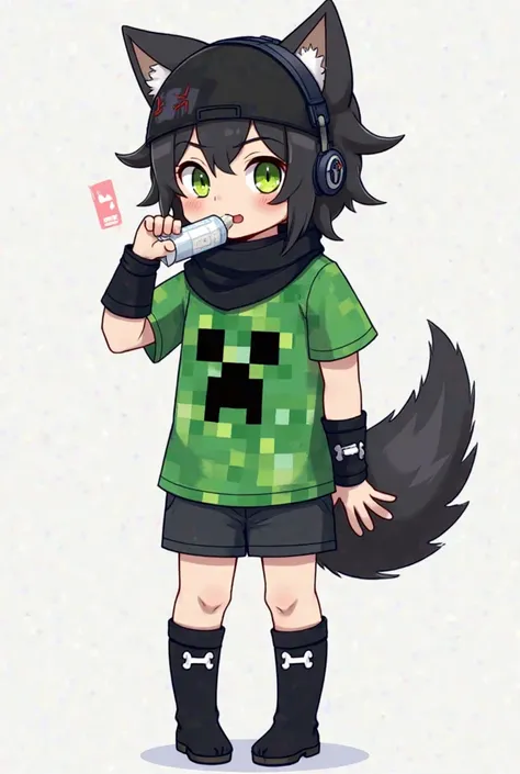 He is a femboy, he is a man and has black hair, a short with black socks, a black headphones and a black cap, he has a shake in his mouth, he has a dog tail with bone decorations, he has a Creeper Minecraft shirt and he is a femboy and he has a black scarf...