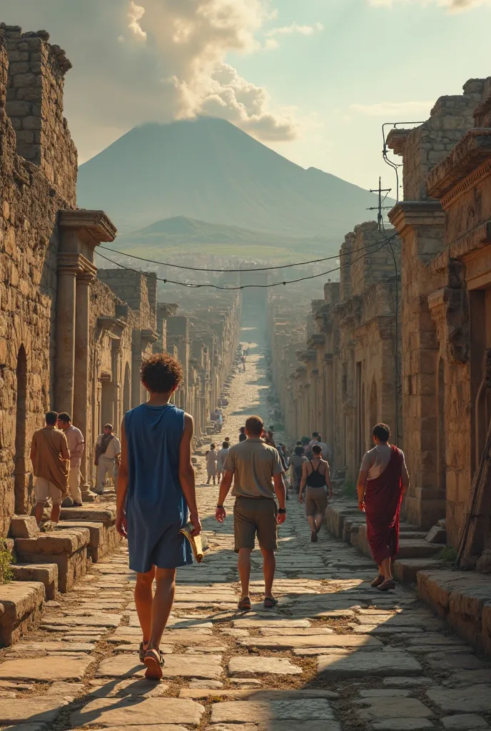 Narrative artistic photograph from above with dramatic tones of a preadolescent boy wearing a blue tunic and Roman sandals in ancient Pompeii walking through the streets very happy while he has a scroll and magnifying glass style and merchants on the stree...