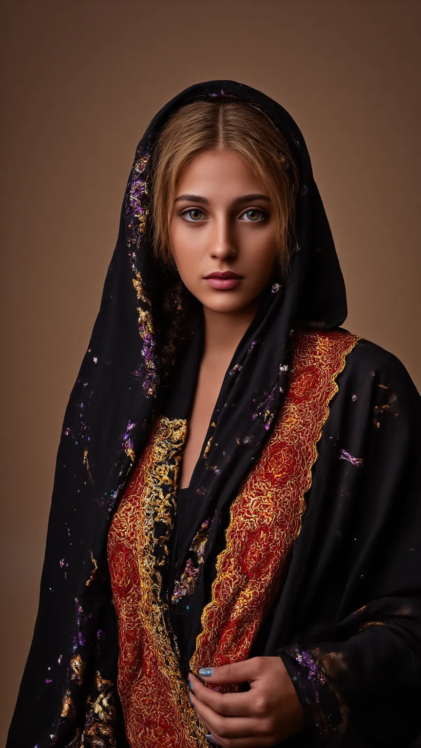 **"Celestial Warda of the Sands"** —Surreal 8K vision, a **sun-kissed queen** wrapped in a **midnight abaya spun from black nebula silk**, hemmed with **24k gold constellations**. **Eyes like molten Hijazi amber**—pupils swirl with fractal *Surah An-Nur* c...