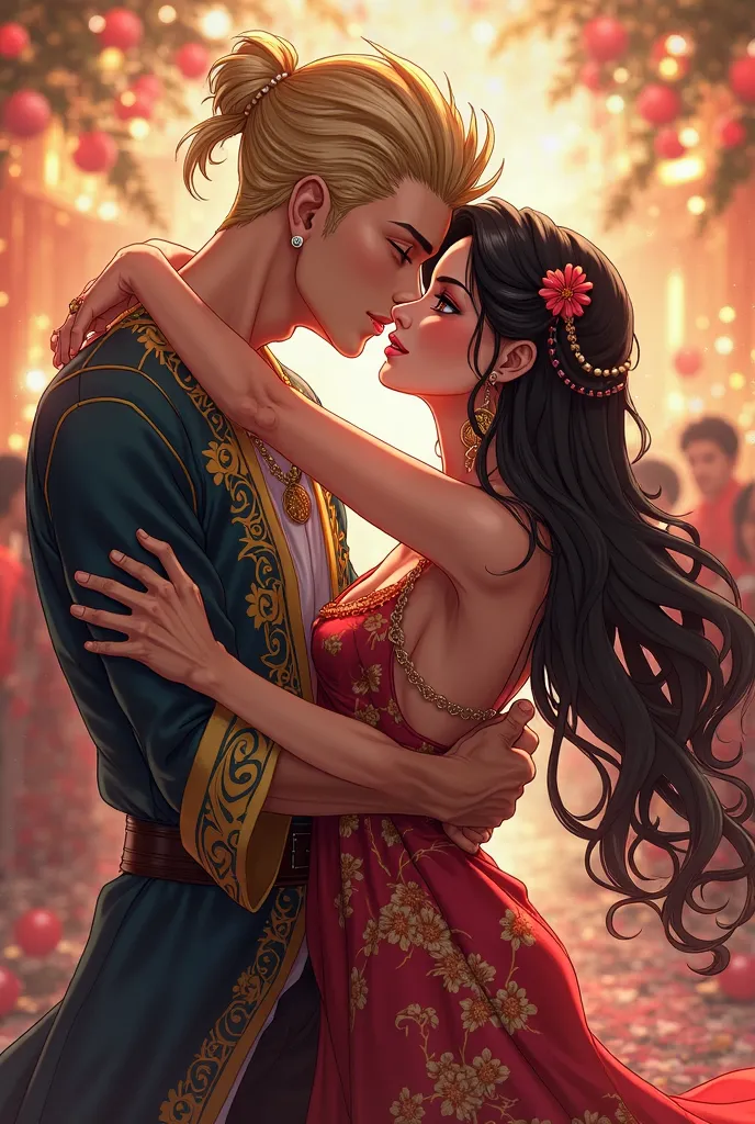 1boy(Tall BLond Braided hair style with shaved sides) 1Girl(Long black Hair, with red eyes) very sexy and deep kiss with party robes, anime 